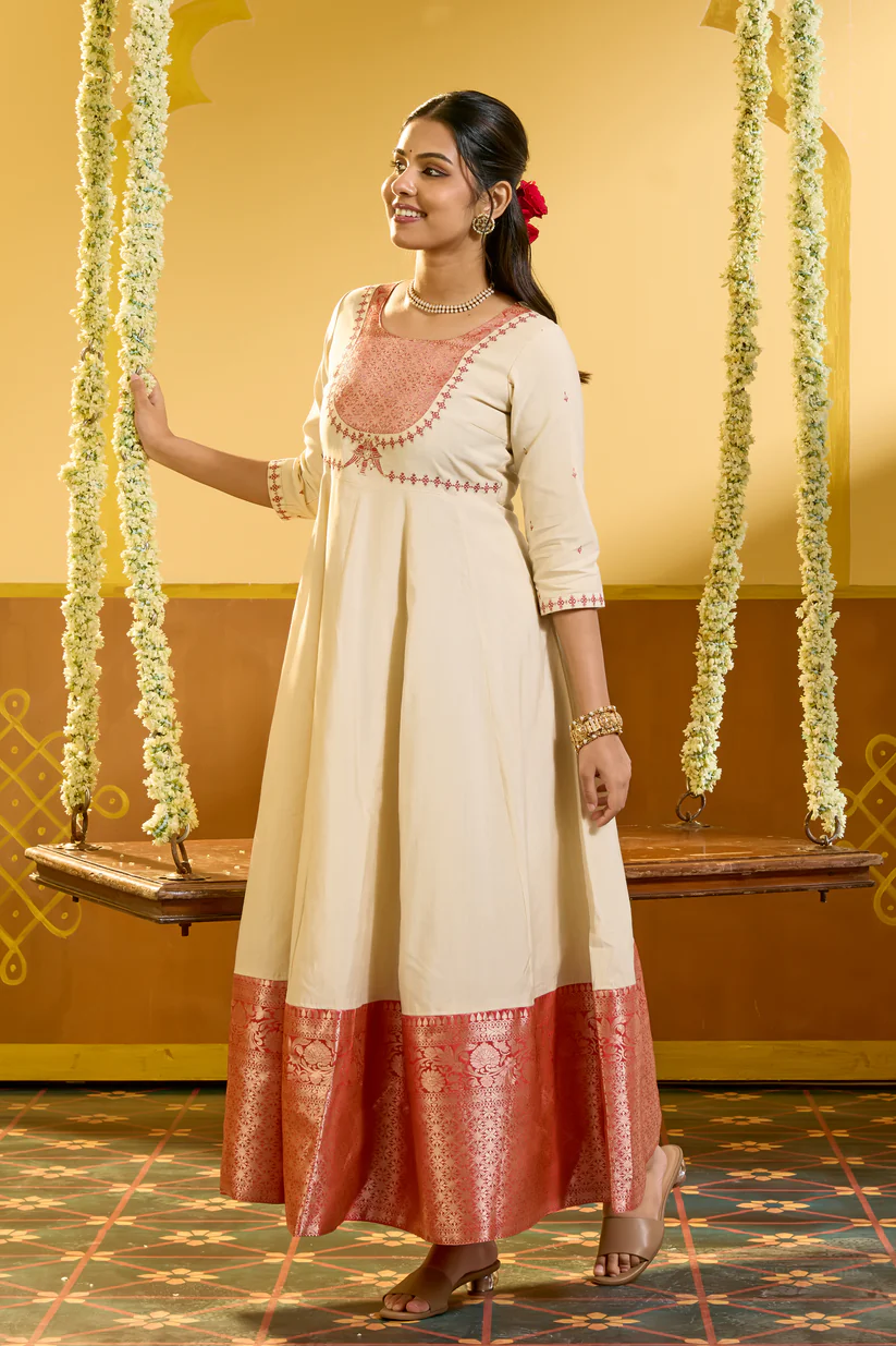 Ethnic Bird Embroidered Off White Anarkali